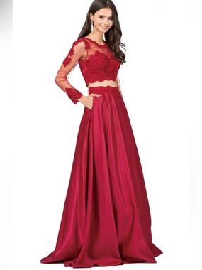 Dancing Queen Two Piece Formal Ball Gown Crop Prom Small Red Sheer Satin Lace